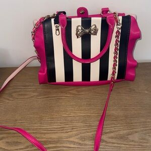 Betsey Johnson Pink and Black Striped Shoulder Bag